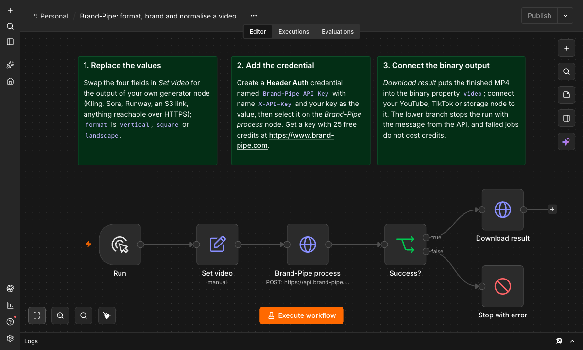 The Brand-Pipe workflow in the n8n editor: manual trigger, Set video, HTTP request to Brand-Pipe, an IF node on success, and a download node that produces the finished MP4 as binary data.